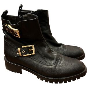 Napoleoni Black Leather Combat Moto Boots with Gold Buckles Made in Italy EU 37